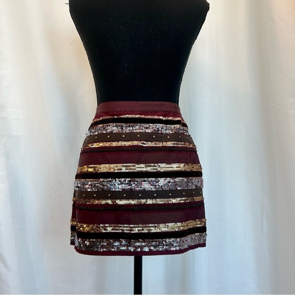 ABERCROMBIE & Fitch maroon burgundy striped sequin beaded velvet mini skirt Sz0 - Picture 4 of 15